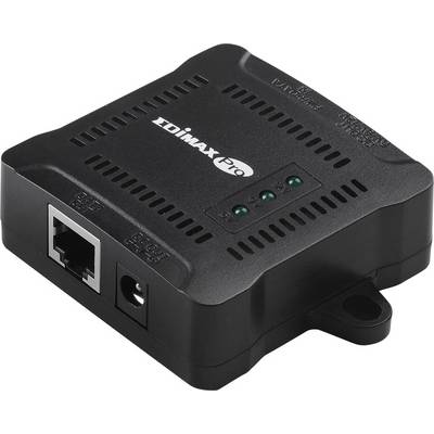 Een zwart-grijs Edimax-netwerkapparaat met Ethernet- en voedingsaansluiting. Drie groene LED-lampjes geven de bedrijfsstatus aan.