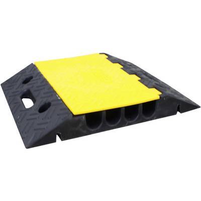 Een geel-zwarte kabelbeschermer van duurzaam materiaal, gebruikt voor het beveiligen en beschermen van kabels op de grond.