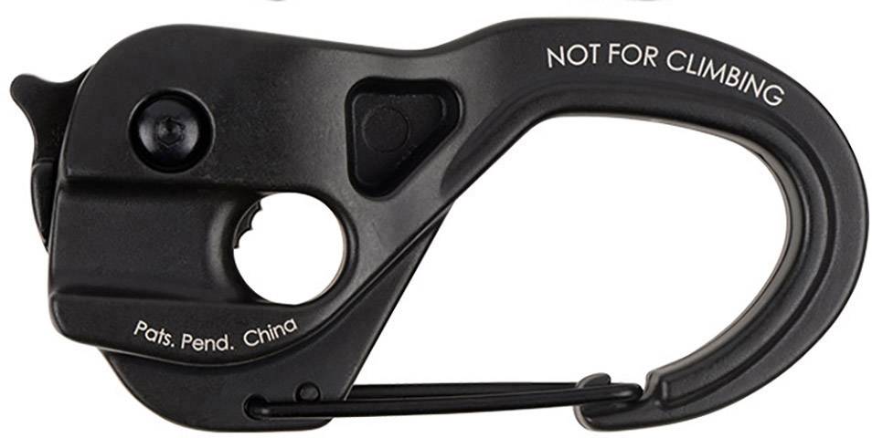 Een zwarte karabijnhaak met de tekst 'NOT FOR CLIMBING' toont een waarschuwing. Productherkomst: China.