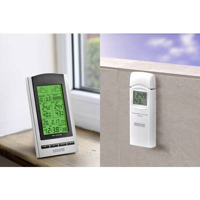 Digitale thermometer met binnen- en buitensensor, toont temperatuur en vochtigheid voor binnen (24,9°C, 50%) en buiten (24,9°C, 43%).