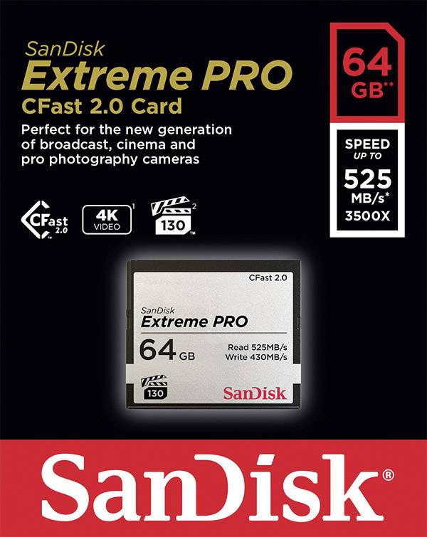 'SanDisk Extreme PRO CFast 2.0', geheugenkaart met 64 GB. Lees-/schrijfsnelheid: 525/430 MB/s. Geschikt voor 4K video-opnames.