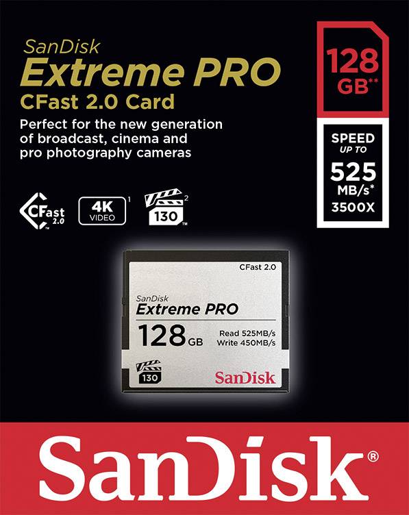 'SanDisk Extreme PRO CFast 2.0 Kaart 128 GB, leessnelheid tot 525 MB/s, schrijfsnelheid tot 450 MB/s, voor 4K-video-opnames.'