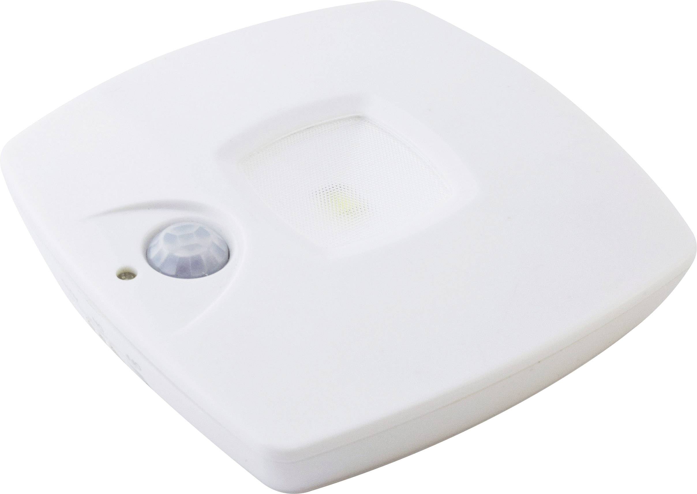 Een vierkante, witte bewegingssensor met afgeronde hoeken en een infraroodsensor aan één kant.