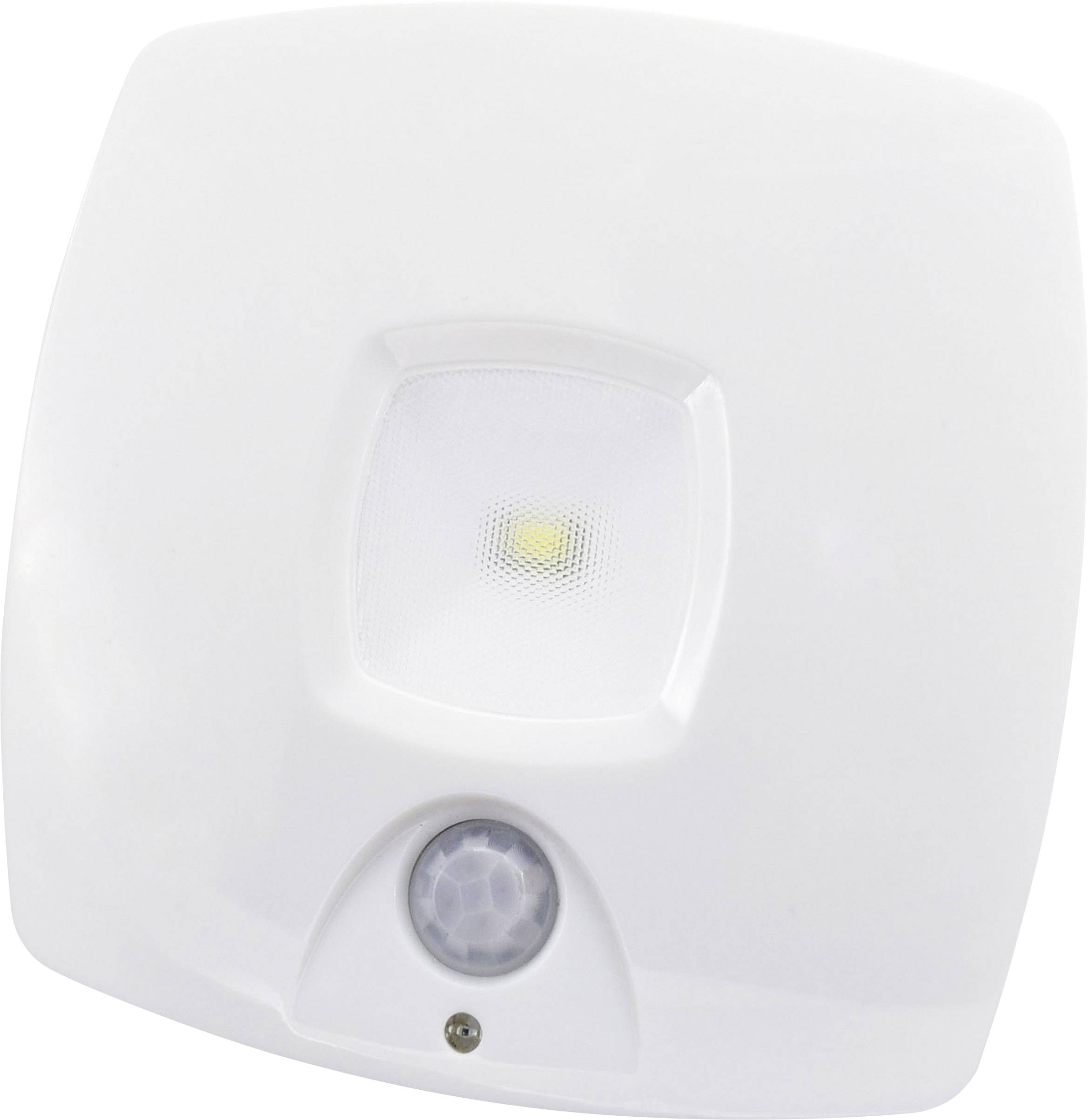 Een vierkante witte bewegingsmelder met een centraal geplaatste sensor en onderaan een ingebouwde bewegingssensor.
