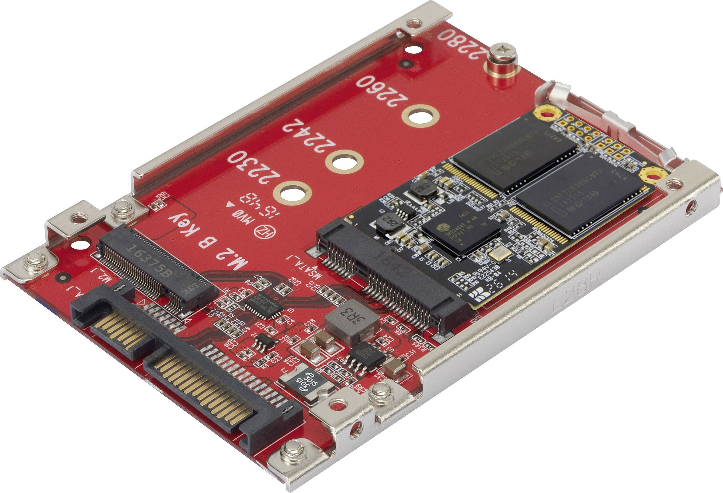Een rode adaptkaart voor 2,5-inch schijfbehuizingen met twee M.2 SSD-sleuven en SATA-interface voor computergebruik.