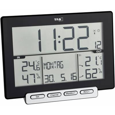 Digitale thermo-hygrometer toont tijd 11:22, datum '30-5-16', weekdag 'maandag', binnentemperatuur 24,6°C, buitentemperatuur 21°C.