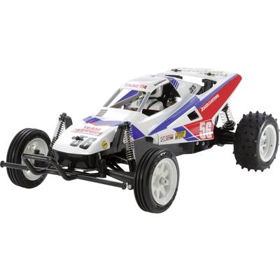Een wit-blauw-rood bestuurbaar modelauto met nummer '56' en grove profielband. Het is een modelauto van Tamiya.