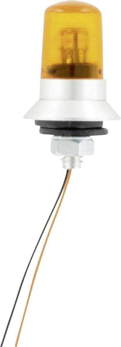 Een oranje waarschuwingslamp met metalen bevestiging en twee draden. Deze wordt vaak gebruikt op voertuigen of machines om zichtbaarheid te verbeteren.