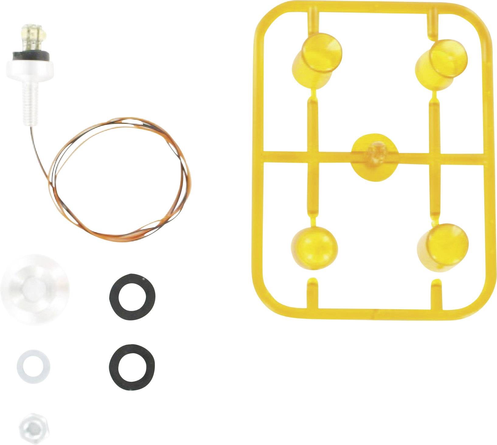 Een geel modelbouwframe-set met ronde onderdelen, draad met gloeilamp, afdichtingen en kleine bevestigingsonderdelen.
