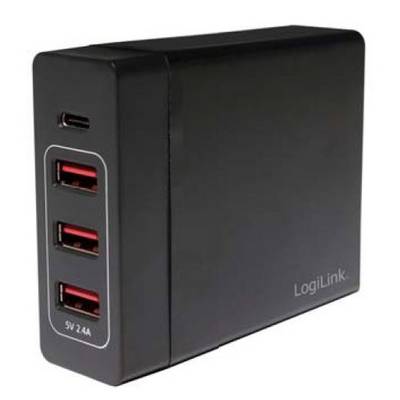 'Zwart LogiLink USB-oplader met vier poorten, waaronder een USB-C-poort. Aan de zijkant is het "LogiLink" logo zichtbaar.'