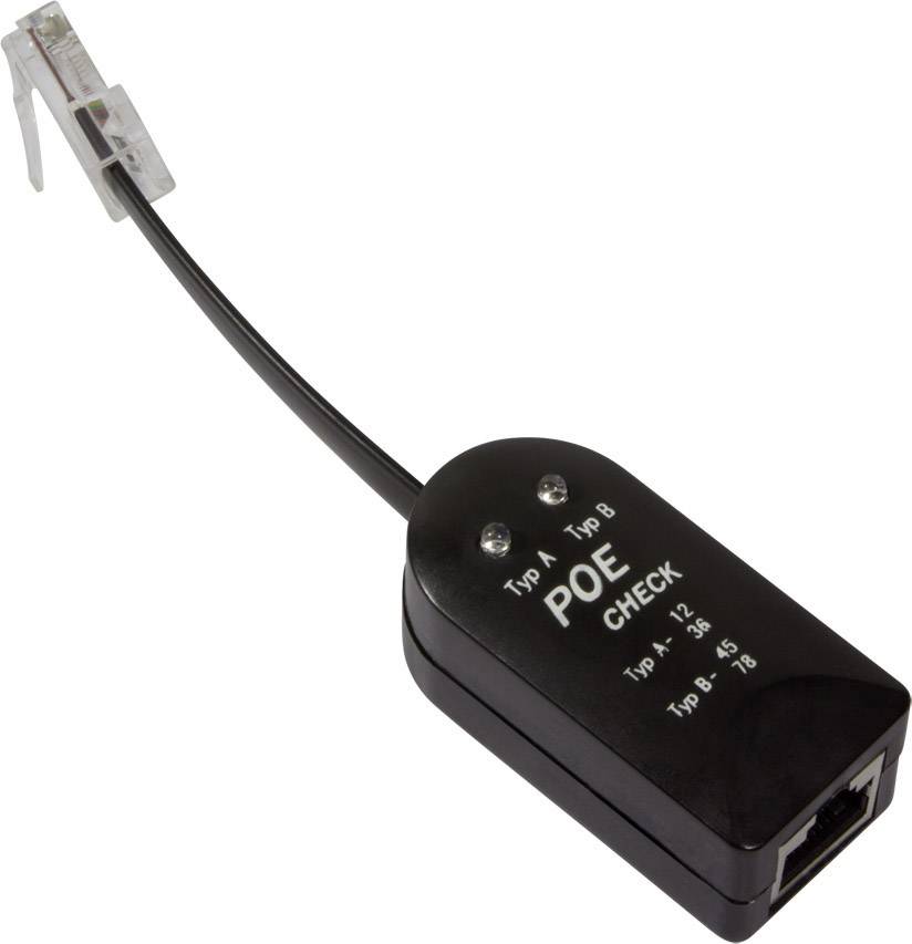 Een zwart PoE-testapparaat met een Ethernet-aansluiting en een kabel met RJ45-connector, dat wordt gebruikt voor netwerktests.