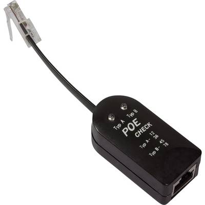 Een PoE-tester met kabel en RJ-45-connector, voor het controleren van de voeding via Ethernet van type A en B.