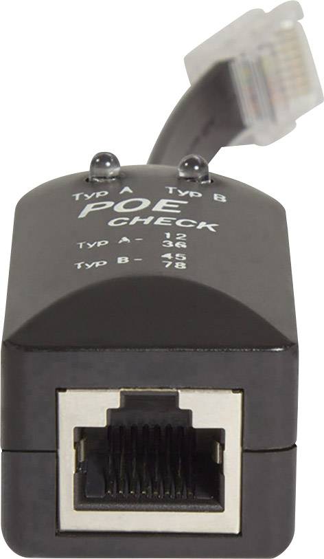 Zwart PoE-testapparaat met Ethernet-aansluiting en kabel. Bovenkant toont labels 'PoE Check', 'Type A' en 'Type B'.