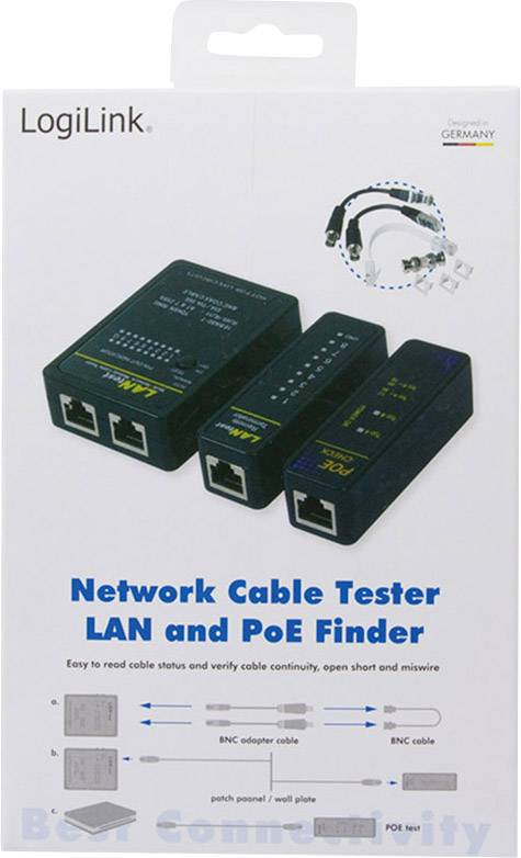'LogiLink Netwerkkabeltester LAN en PoE Finder' op verpakking, toont apparaten voor statuscontrole en foutopsporing bij netwerkkabels.