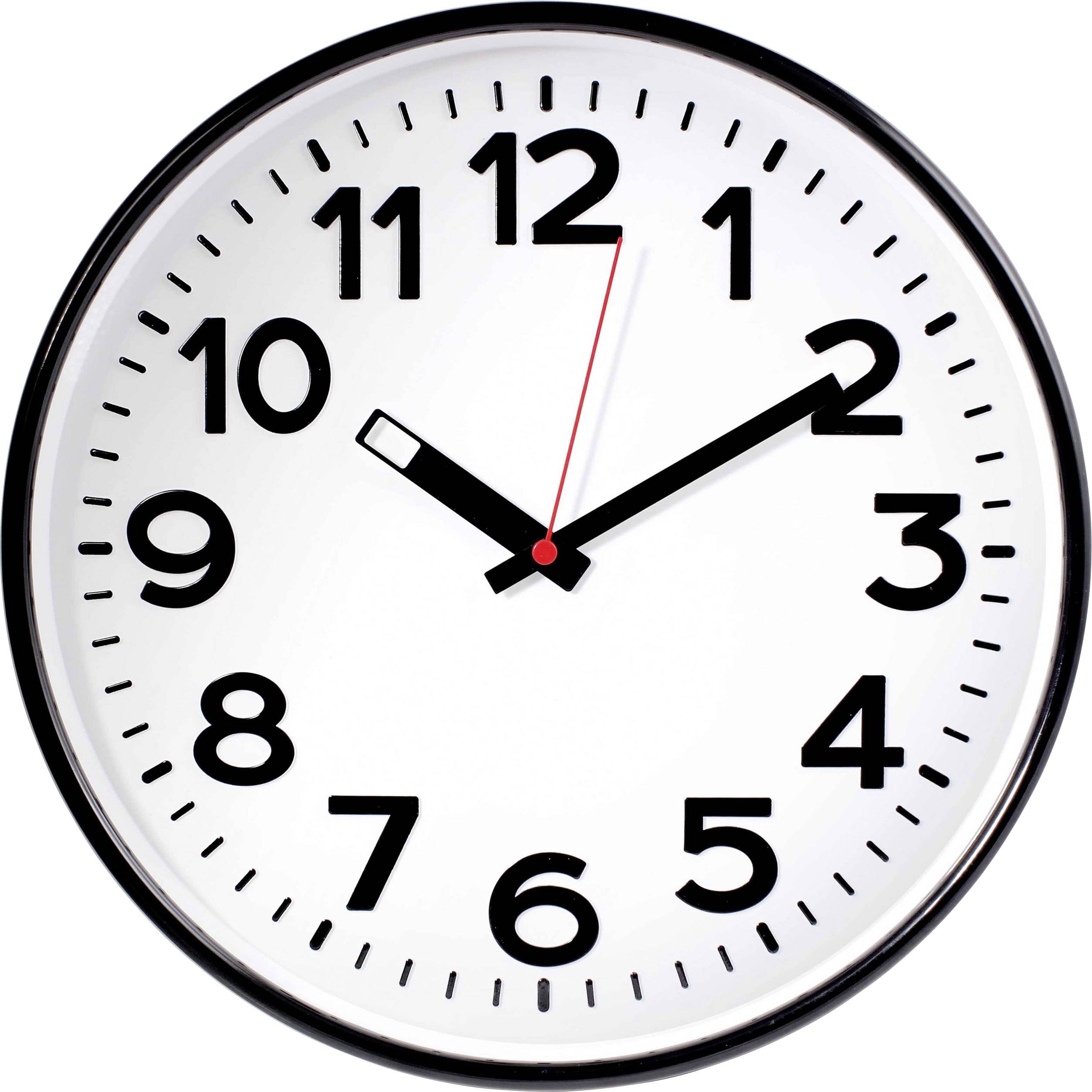 Een analoge klok wijst 10:10 uur aan. Hij heeft een wit wijzerblad met zwarte cijfers en wijzers, evenals een rode secondewijzer.