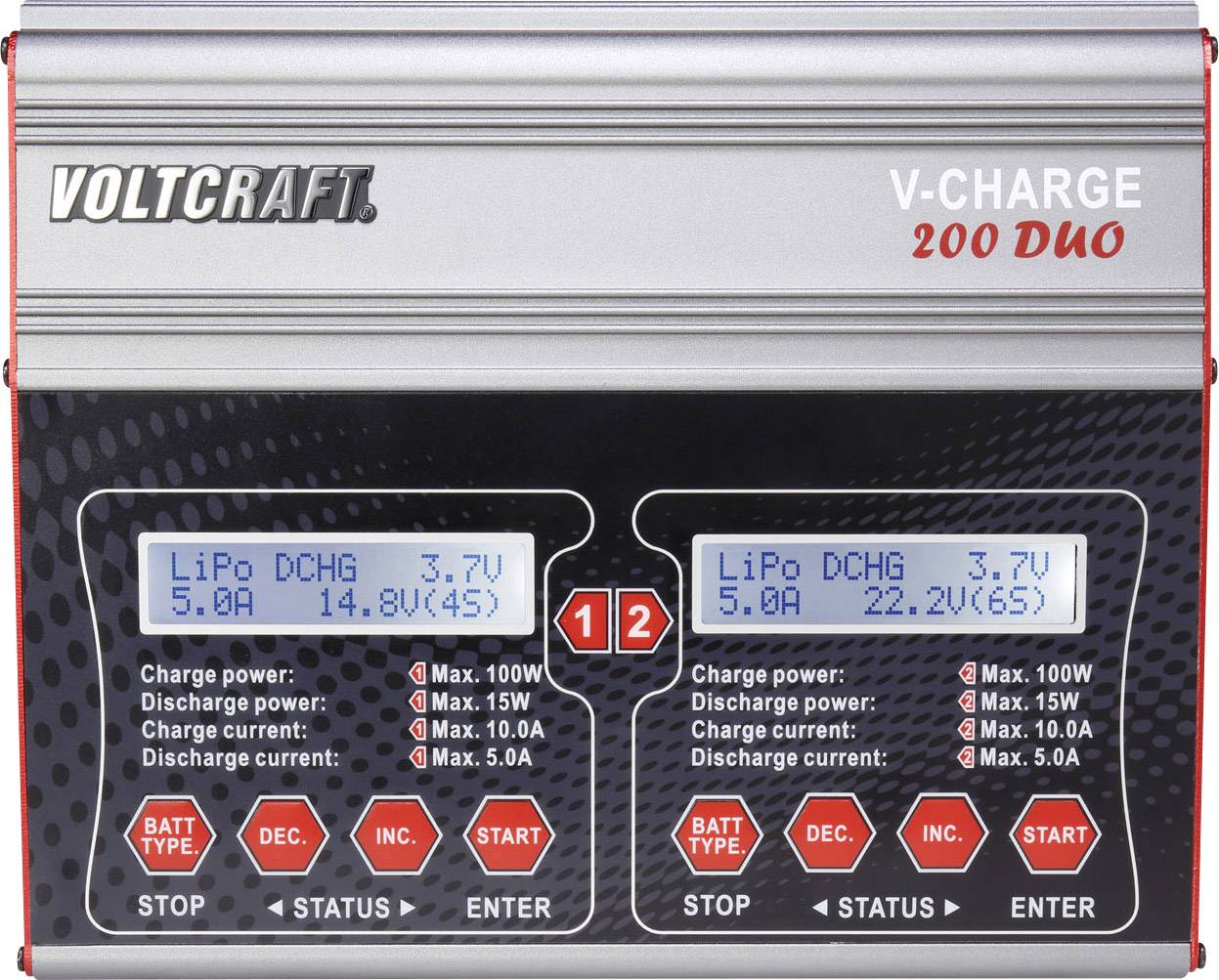 Oplader met twee digitale displays toont 'LiPo DCHG 3.7V' en laad-/ontlaadstroom; knoppen voor bediening en weergave-instellingen.