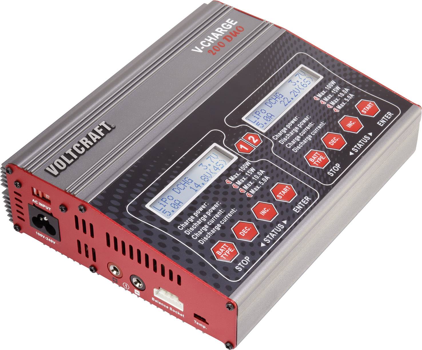 Oplader met display, toont laadgegevens voor twee kanalen. Knoppen voor Stop, Status en Invoer aan de voorkant.