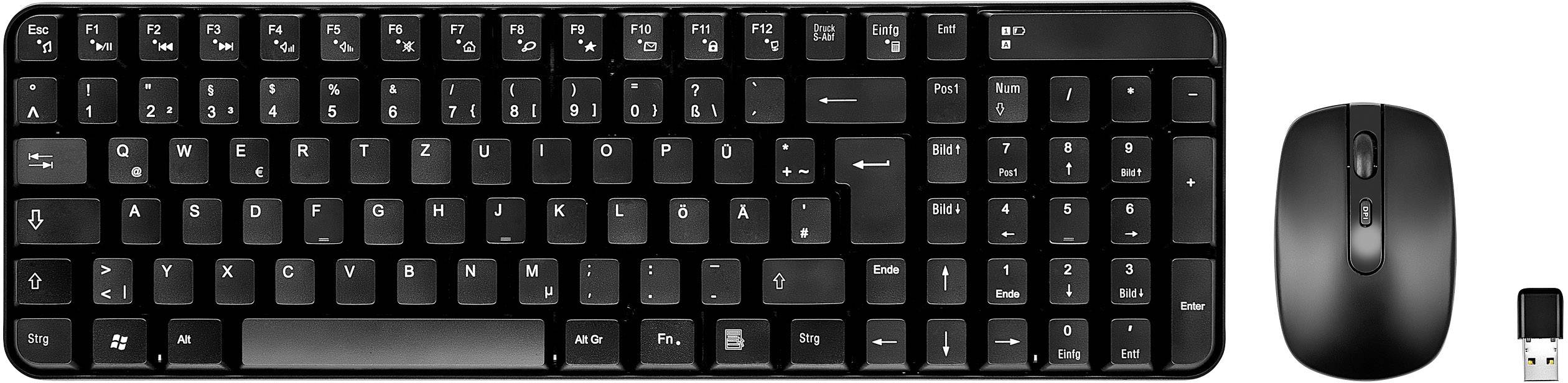 Draadloos computertoetsenbord en muis-set met USB-ontvanger. Het toetsenbord heeft een strak design, de muis is ergonomisch gevormd.