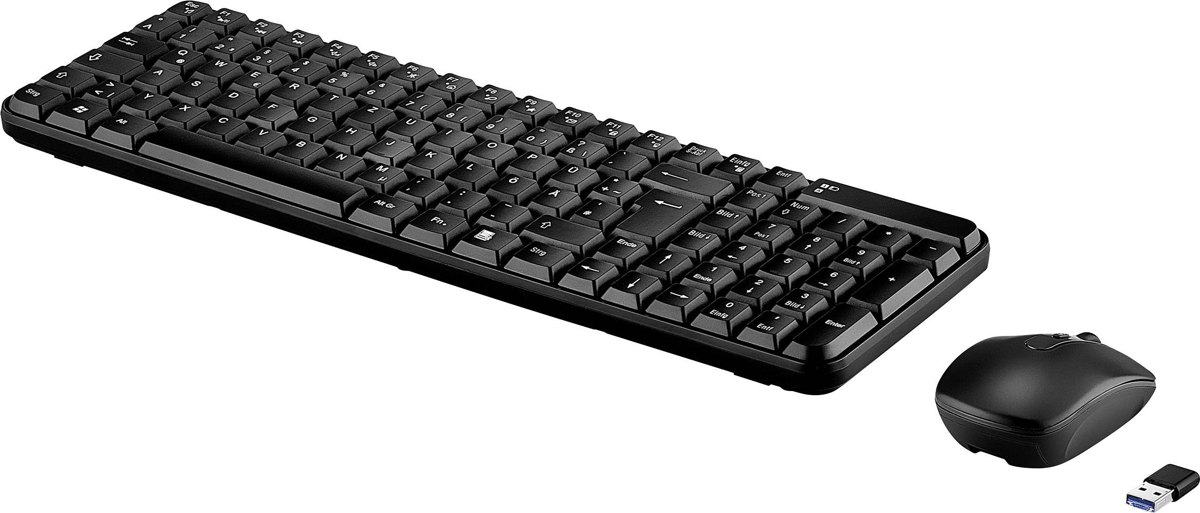 Zwart draadloos toetsenbord- en muisset met USB-ontvanger, ideaal voor comfortabel computergebruik.