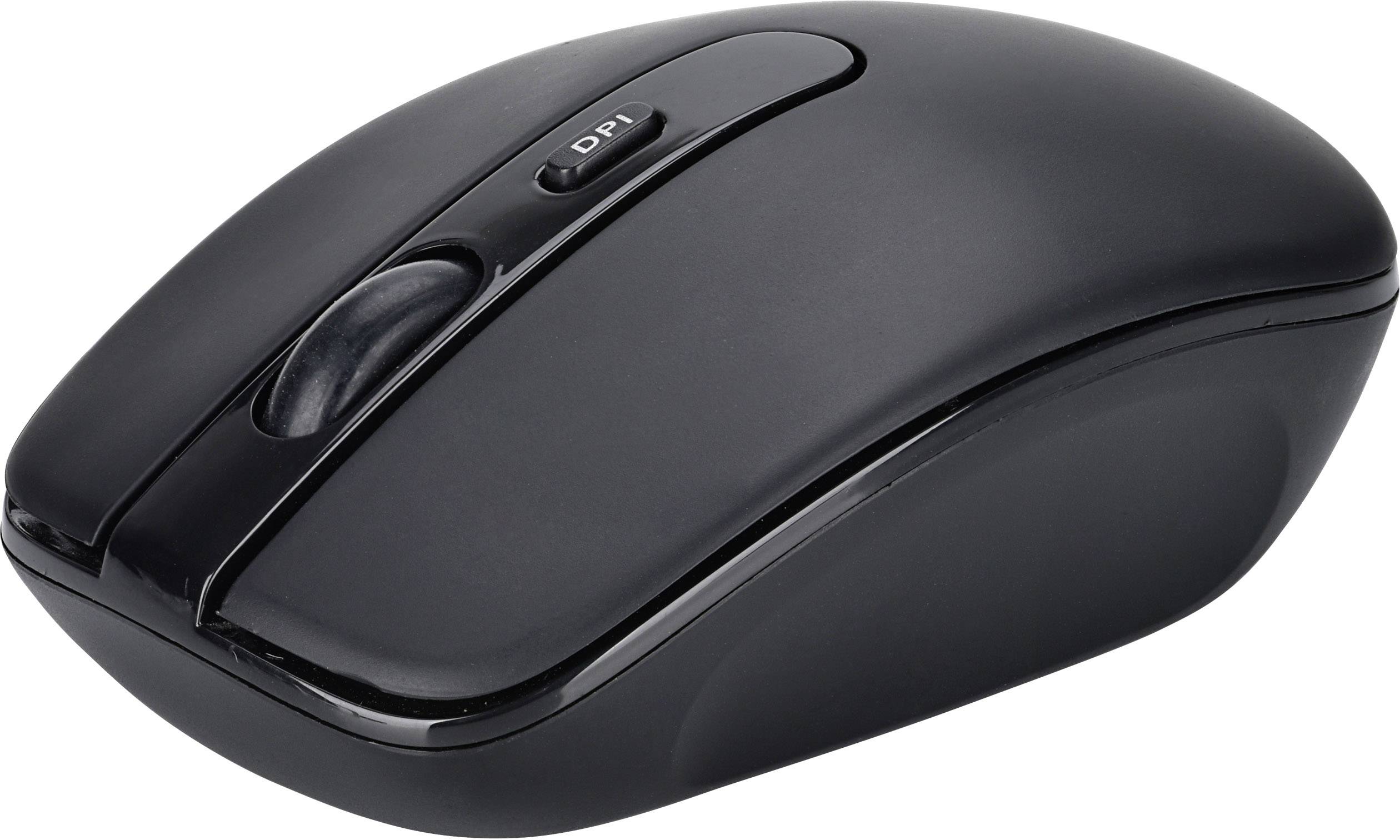 Zwarte draadloze computermuis met een DPI-knop aan de bovenzijde, naast een scrollwiel.