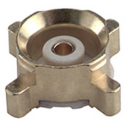 Een gouden, cirkelvormige metalen stekker, waarschijnlijk een mini-coaxaansluiting, op een witte achtergrond.