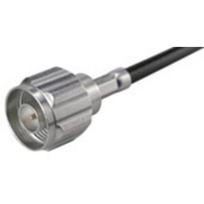 Close-upfoto van een coaxiale connector op een kabel, gebruikt voor verbindingen in telecommunicatie- of omroepsystemen.