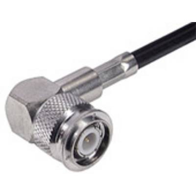 Close-up van een F-connector met coaxkabel. De connector heeft een haaks ontwerp en een gegroefde metalen oppervlakte.