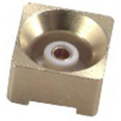 Een klein metalen voorwerp in de vorm van een kubus met een uitholling. Het centrale punt van de uitholling heeft een witte rand.