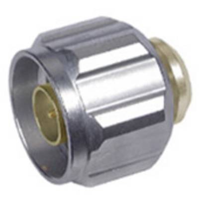 Een zilveren coaxialadapter met een messing binnenstuk, geschikt voor kabelverbindingen in de elektronica.