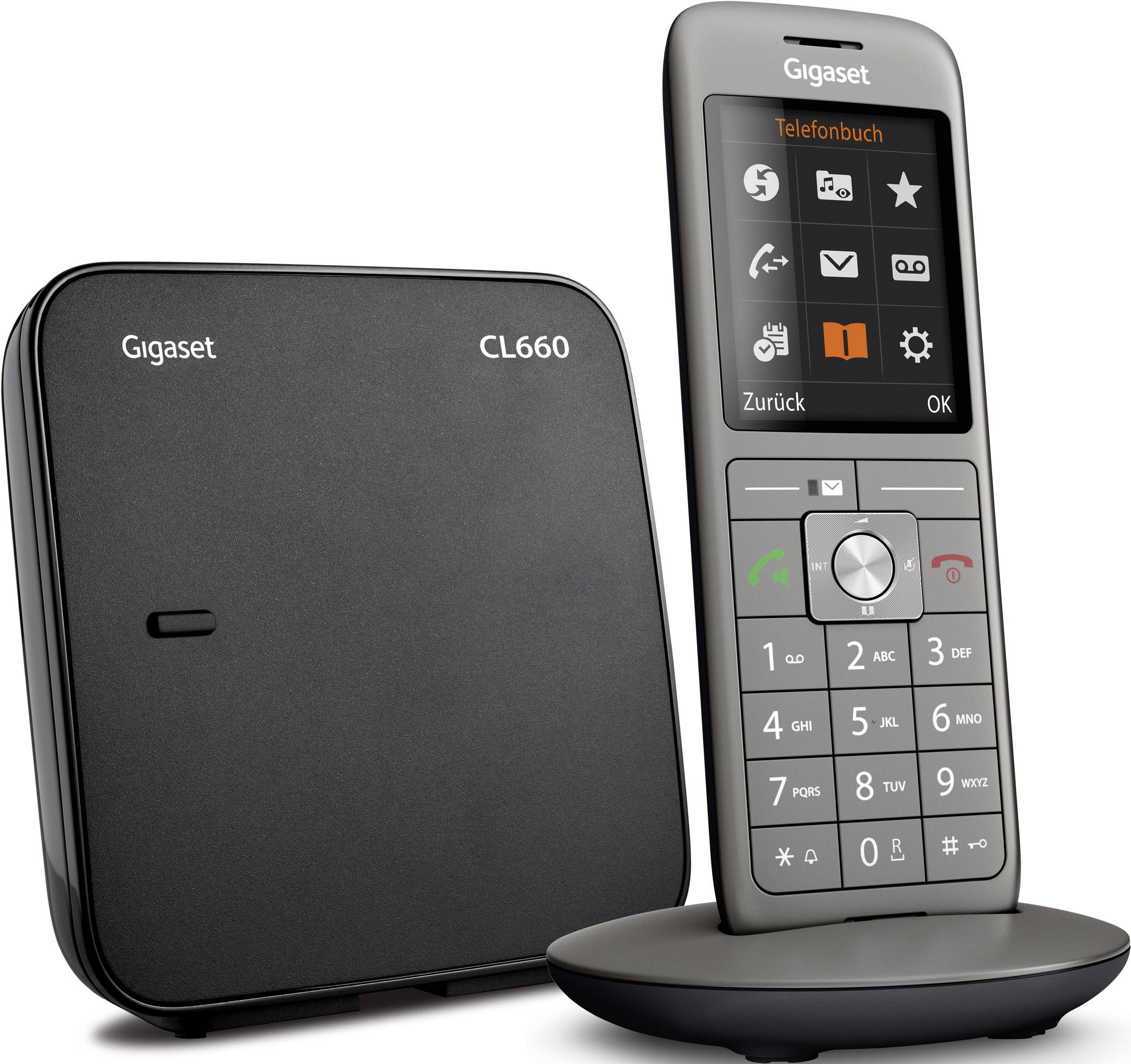 Draadloze telefoon Gigaset CL660 met basisstation, rechtopstaande handset met verlicht display, toetsenblok en laadstation.