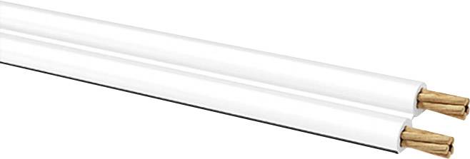 Twee naast elkaar liggende, geïsoleerde koperen draden met een witte kunststof coating, die worden gebruikt voor elektrische verbindingen.