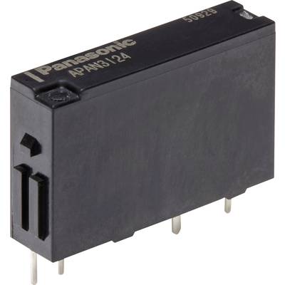 Zwart Panasonic-relais met opschrift 'APAN3124'. Rechthoekige vorm met vier metalen pinnen onderaan.