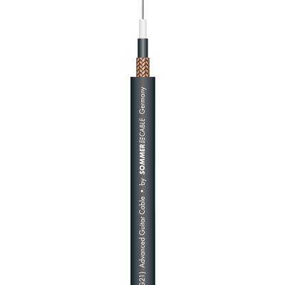 Een zwarte audiokabel met de tekst 'Professional Guitar Cable', omringd door koperdraden; toont een hoogwaardig ontwerp.
