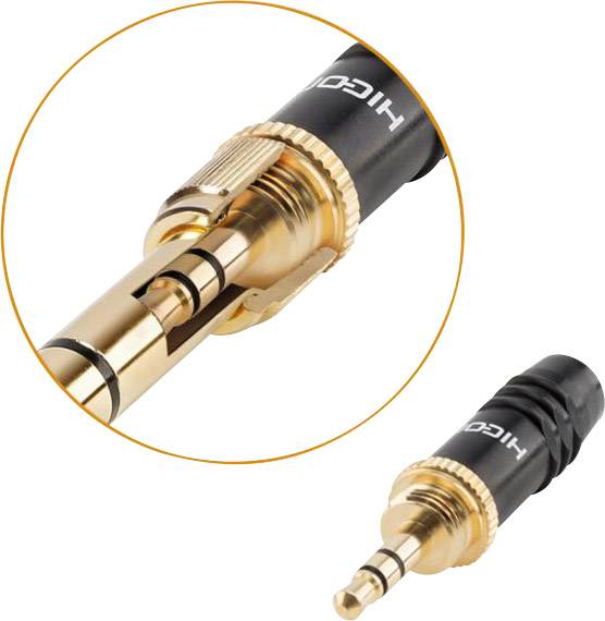Gouden jackplug met zwarte dop, vergroot zicht op de details. Gebruikt voor audio-aansluitingen.