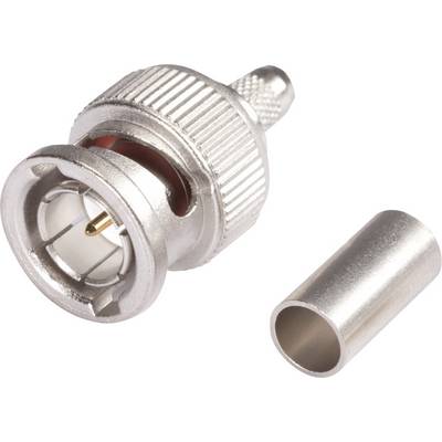 Een BNC-stekker en een aparte metalen huls liggen naast elkaar. De stekker toont de binnenste aansluiting en heeft een geribde behuizing.