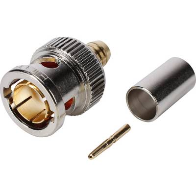 Een gedemonteerde BNC-connector toont de behuizing met metalen schroefdraad, een goudkleurige contactpenpunt en een beschermhuls.