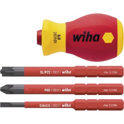 'Wiha handgreep en drie rode schroevendraaier bits met opschriften: SL/PZ1, PH2, 0.6x3.5. Maximaal draaimoment 5,5 Nm.'