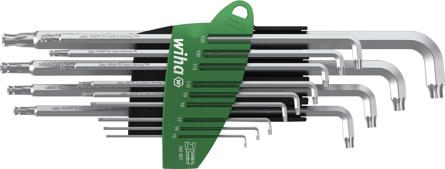 Set van acht hoeksleutels in verschillende formaten, gerangschikt in een groene houder, gemarkeerd met 'Wiha'.