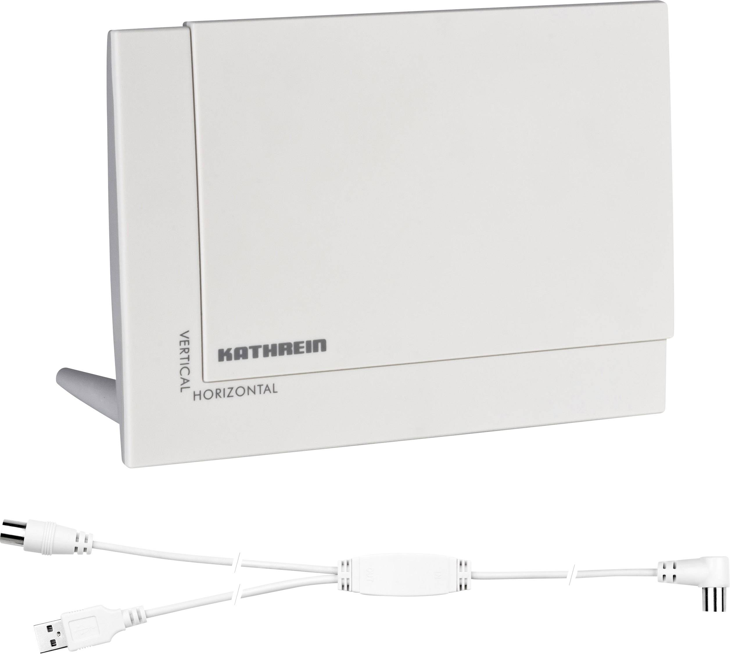 Wit, plat tv-satellietentoestel van het merk Kathrein met horizontale en verticale uitlijning, met daaronder een wit aansluitkabel.