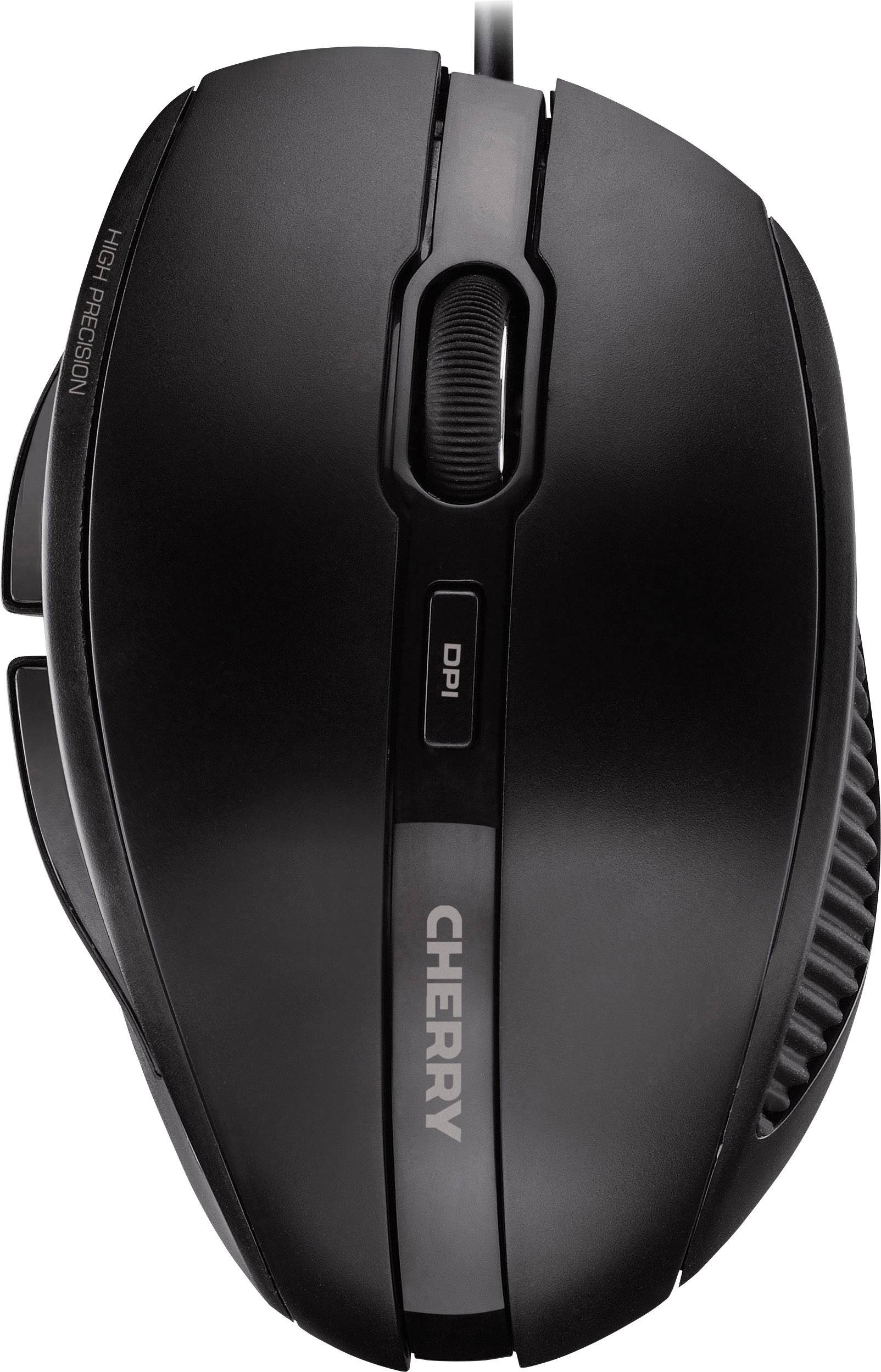 Zwarte computermuis van bovenaf gezien met kabel, scrollwiel in het midden en 'CHERRY'-logo aan de onderkant.
