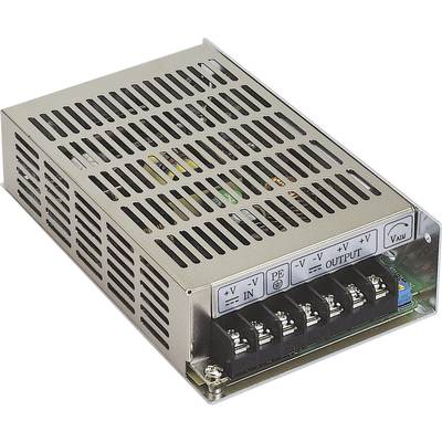 Metalen voedingsbehuizing met ventilatiesleuven. Aansluitingen voor '+V', '-V', 'IN', 'PE', 'OUTPUT' zijn zichtbaar.