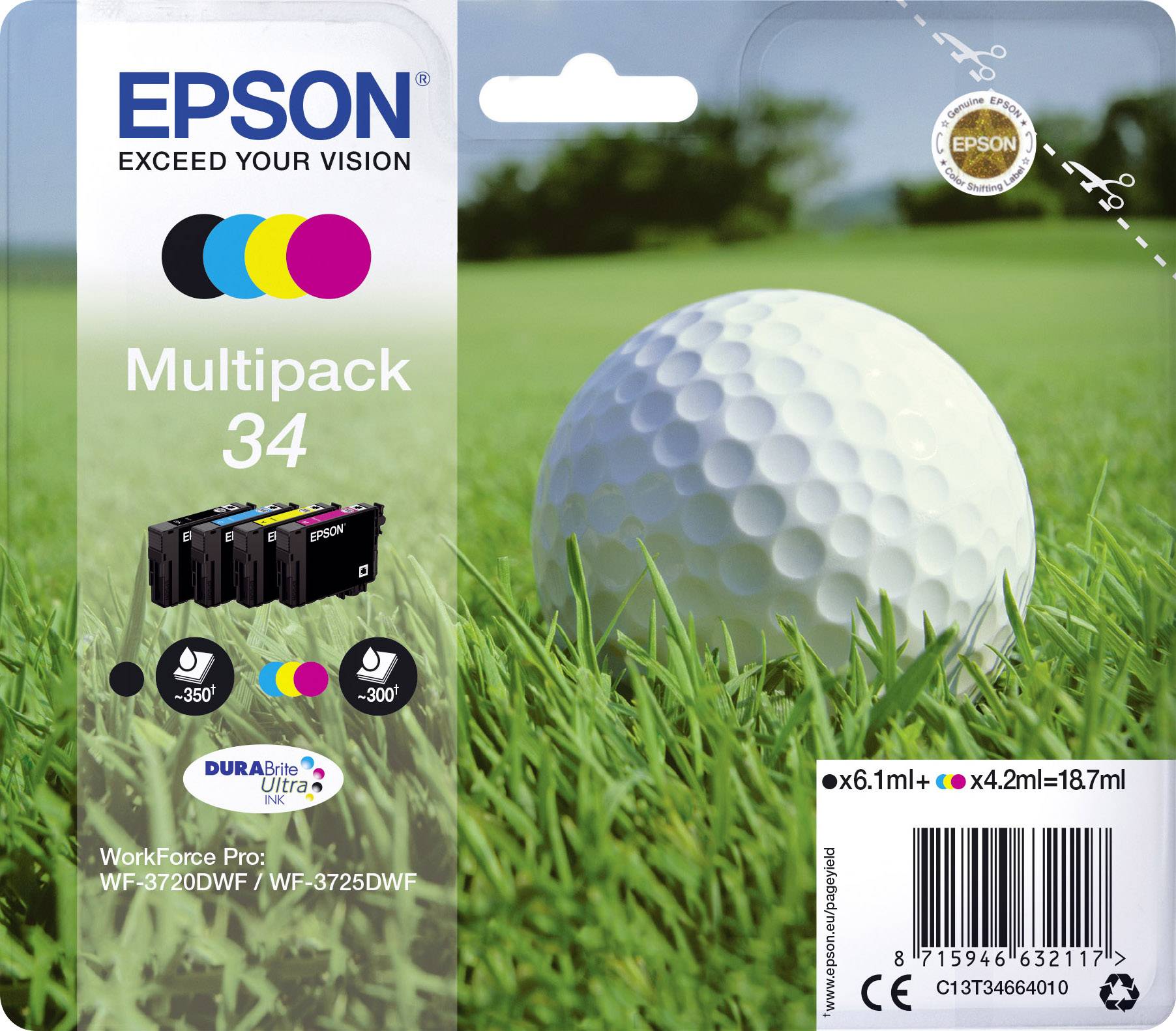 Een Epson-printercartridges multipack met vier kleuren, naast een golfbal op groen gras.