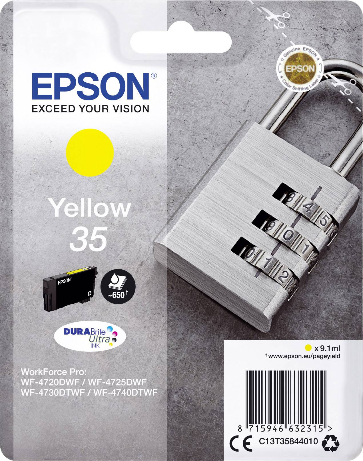 Verpakking van een Epson inktpatroon in het geel, modelnummer 35. Toont een hangslot en is gemarkeerd met DURABrite Ultra Ink.