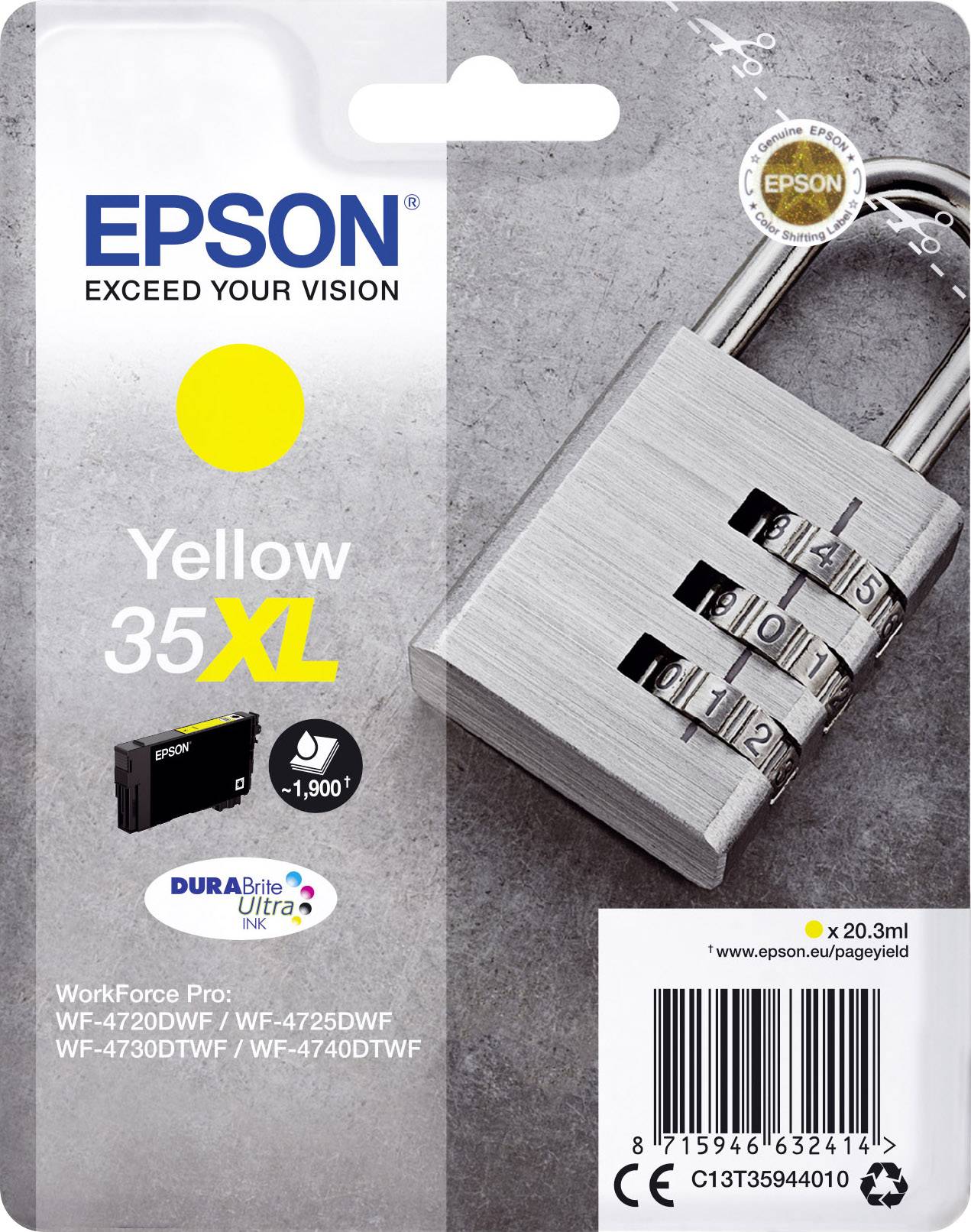 Epson Inkt 35XL Geel, grote capaciteit, geschikt voor printermodellen WF-4720DWF, WF-4745DTWF. Afbeelding van een cijferslot.