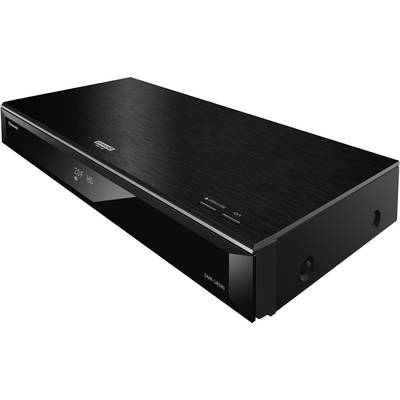 Zwarte dvd/blu-ray-speler met glanzende afwerking en merkenlogo; meerdere bedieningsknoppen en een disc-lade aan de voorkant.