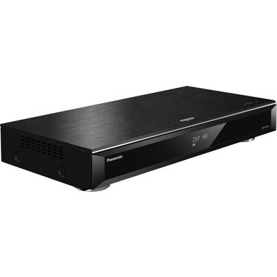Zwarte Panasonic Blu-ray-speler, schuin van voren gezien. Op het display staat 'ZDF HD'. Apparaat heeft een modern design met een gladde afwerking.