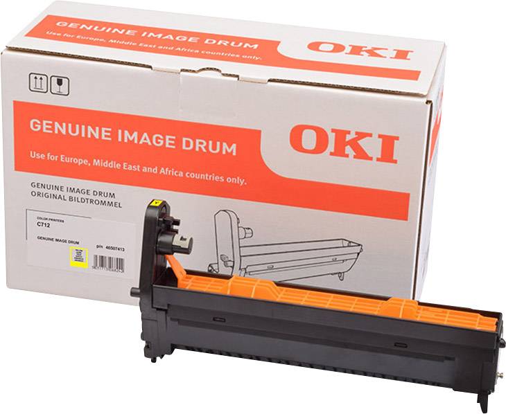 'Vervangende beeldtrommel voor OKI-printers. Verpakking met vermelding: Alleen voor Europa, Midden-Oosten en Afrika. Productafbeelding aan de voorkant.'