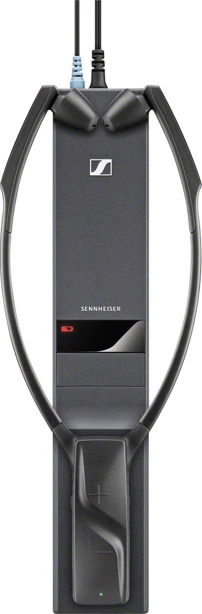 Een zwarte audiohoofdtelefoonversterker met Sennheiser-logo, oorschelpen bovenaan en een aangesloten kabel, frontaal weergegeven.