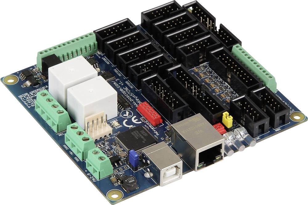Een elektronische printplaat met meerdere stekkerverbindingen, aansluitingen en chips. Voornamelijk gebruikt voor technische toepassingen.