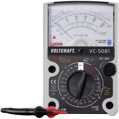 Analoog multimeter 'Voltcraft VC-5081' toont spanning, weerstand en frequentie op de schaal. Wijzerplaat en rode meetleidingen zichtbaar.